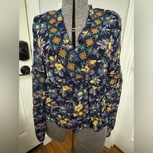 Meadow Rue by Anthropologie Navy Sheer Embroidered V Neck Blouse Small